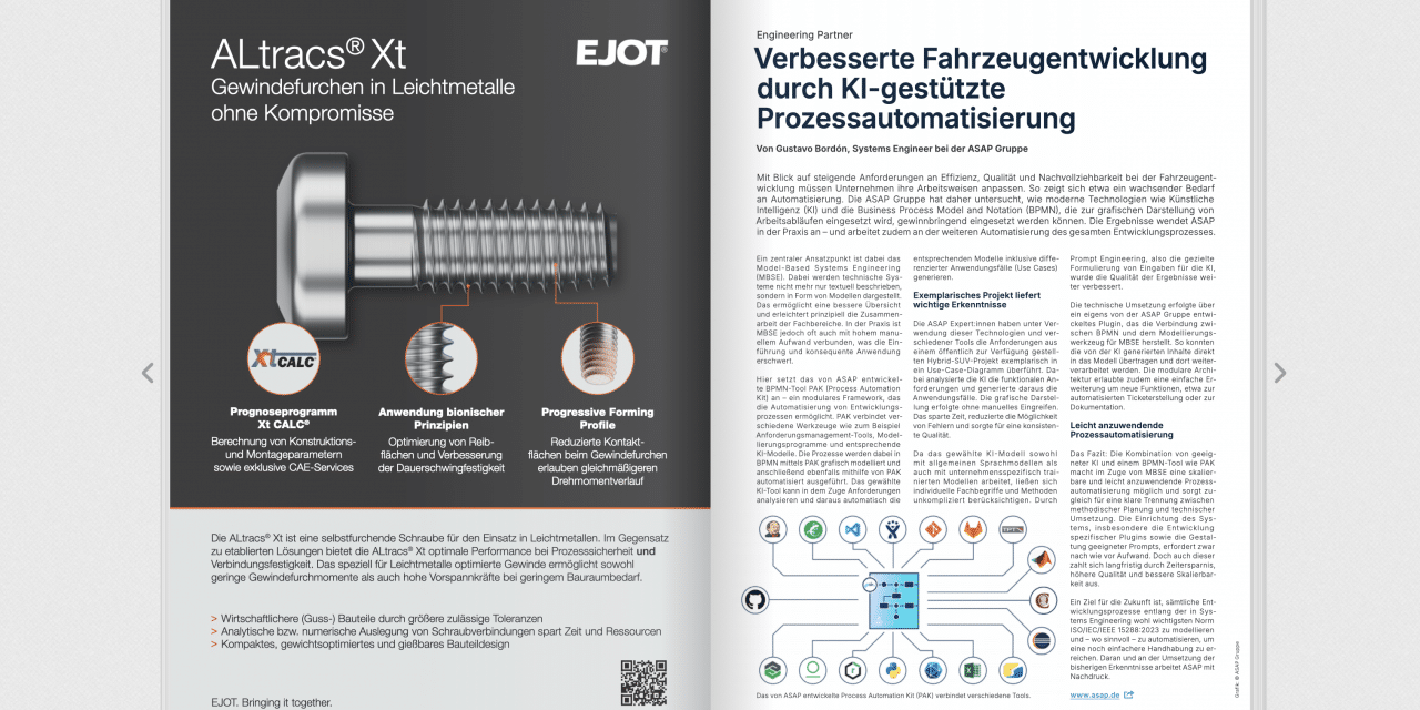 Lesen Sie den Beitrag von Gustavo Bordón, Systems Engineer bei der ASAP Gruppe zum Thema „Verbesserte Fahrzeugentwicklung durch KI-gestützte Prozessautomatisierung“