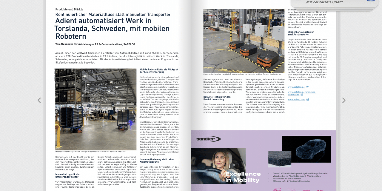 Kontinuierlicher Materialfluss statt manueller Transporte: Adient automatisiert Werk in Torslanda, Schweden, mit mobilen Robotern