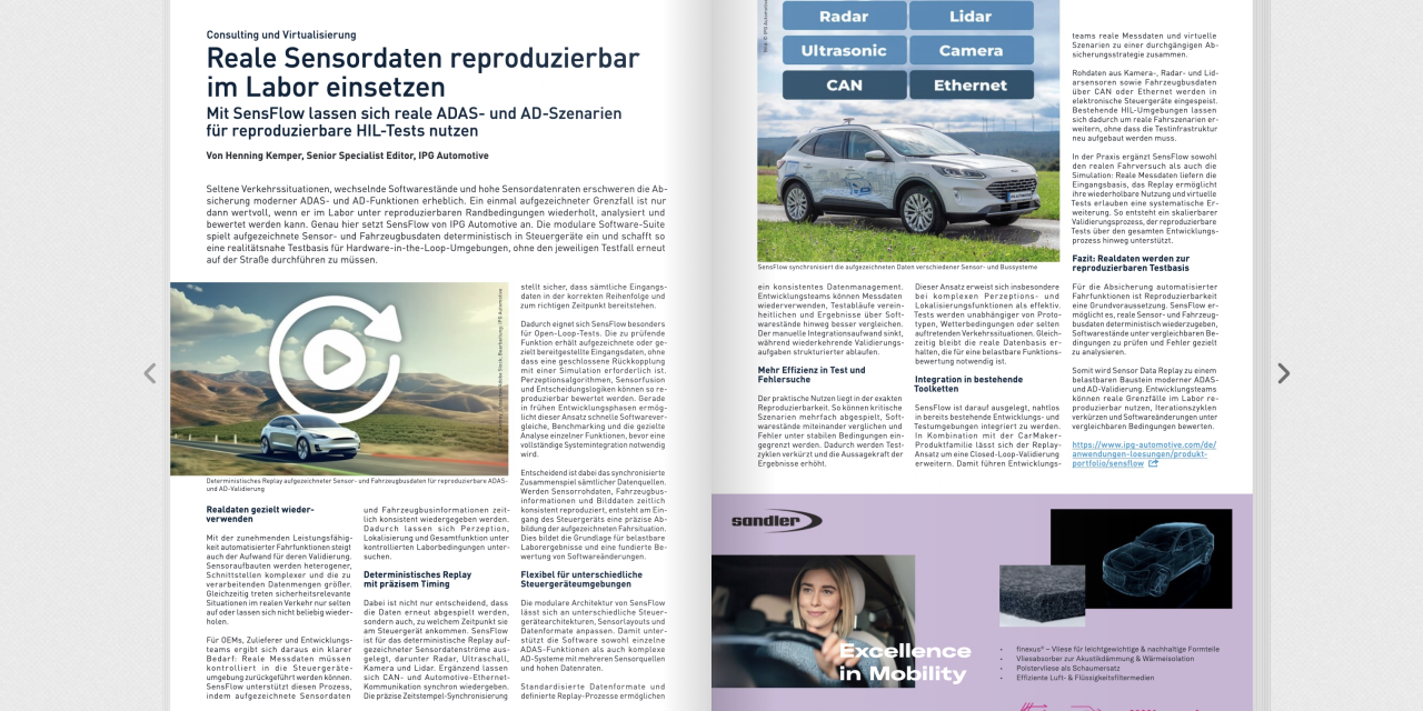 Reale Sensordaten reproduzierbar im Labor einsetzen. Mit SensFlow lassen sich reale ADAS- und AD-Szenarien für reproduzierbare HIL-Tests nutzen